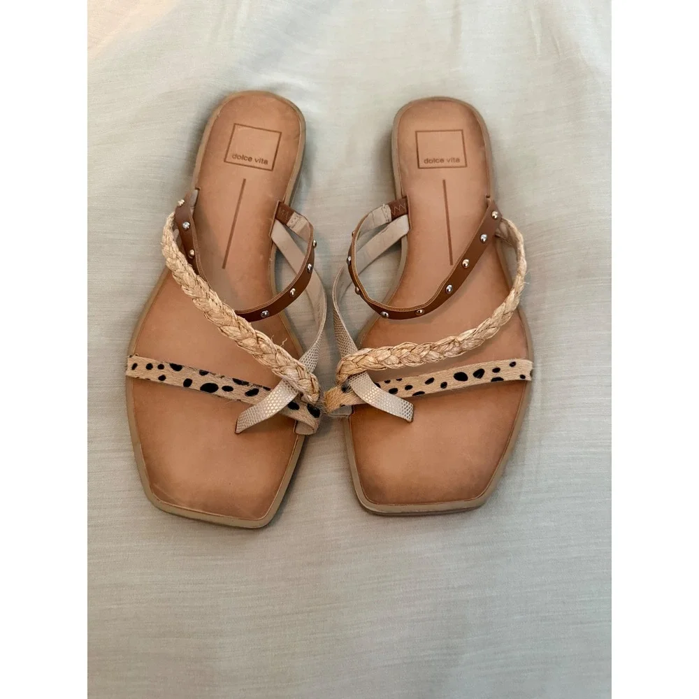 Dolce Vita Isa Sandals 9.5 Cheetah Print Braided Raffia Studded Boho